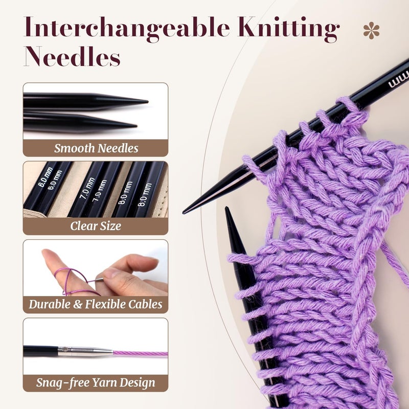Yarniss 15 Pairs Circular Knitting Needle Combo, 4.5-Inch Round Knitting Needle 3.0~8.0mm, 2.16-Inch Shorties Needles US Size 2.5-10, Interchangeable Aluminum Cable Needles with Case - Image 4