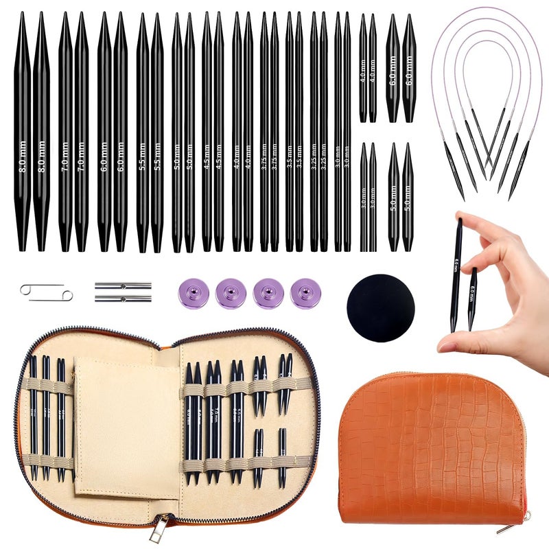 Yarniss 15 Pairs Circular Knitting Needle Combo, 4.5-Inch Round Knitting Needle 3.0~8.0mm, 2.16-Inch Shorties Needles US Size 2.5-10, Interchangeable Aluminum Cable Needles with Case - Image 1