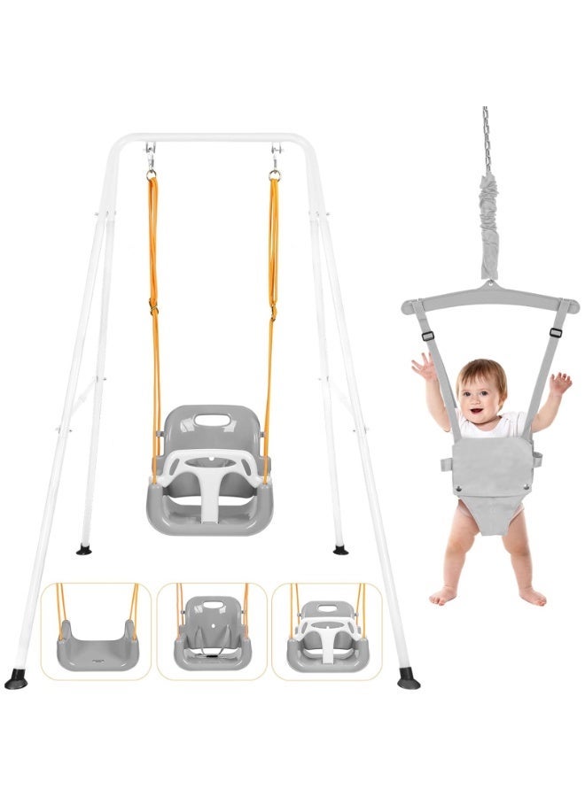LIODUX 4-in-1 Baby Swing Set and Jumper, Foldable Metal Porch Swings Stand, Heavy Duty Kids Swing Stand, Maximum Weight 90KG, Easy to Assemble, Kids Bouncer for Indoor & Outdoor Playground, Grey - Image 1