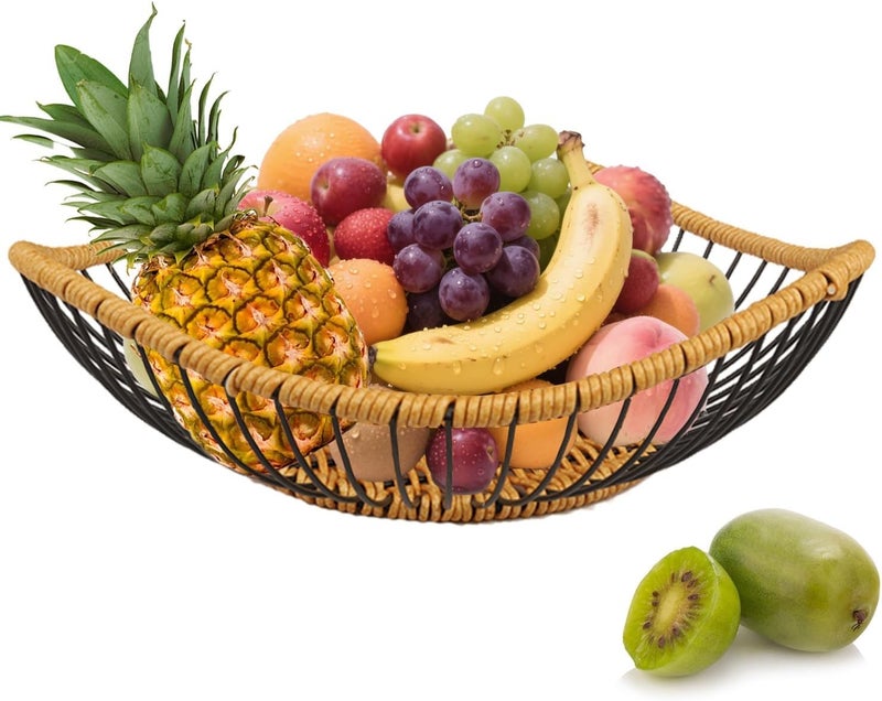كاست ويف وعاء فواكه حديدي منسوج بالكرمة الريفية – سلة فواكه شبكية سلكية معدنية مع تصريف للاستخدام على سطح المطبخ وغسل الخضروات وتخزين الوجبات الخفيفة والخبز ومستحضرات التجميل – سلة زخرفية متعددة الأغراض - Image 1