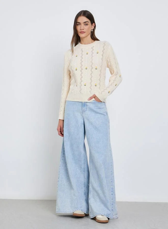 Styli Styli Cream Floral Embroidered Cable Knit Sweater