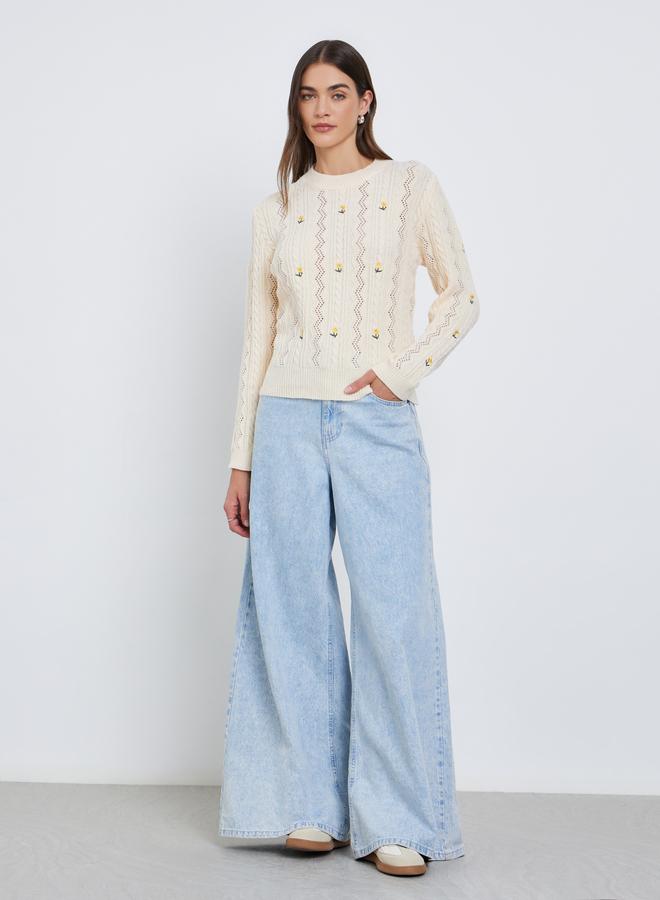Styli Cream Floral Embroidered Cable Knit Sweater - Image 2
