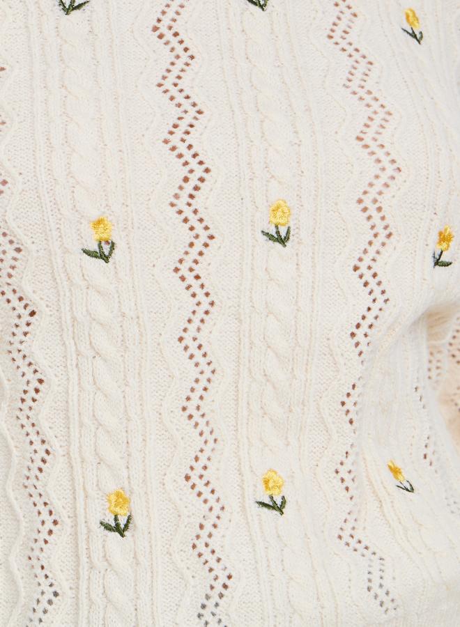 Styli Cream Floral Embroidered Cable Knit Sweater - Image 4