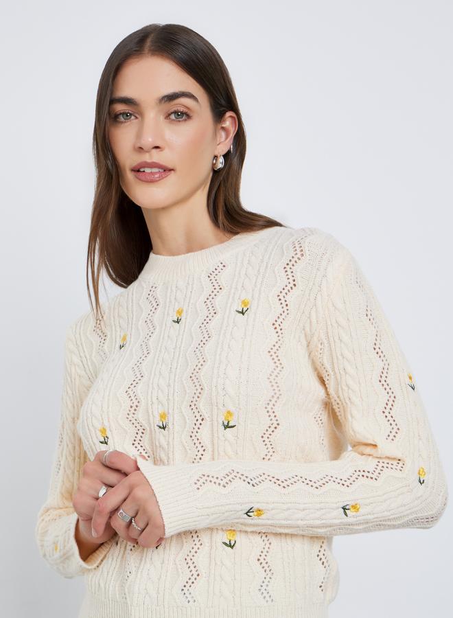 Styli Cream Floral Embroidered Cable Knit Sweater - Image 1