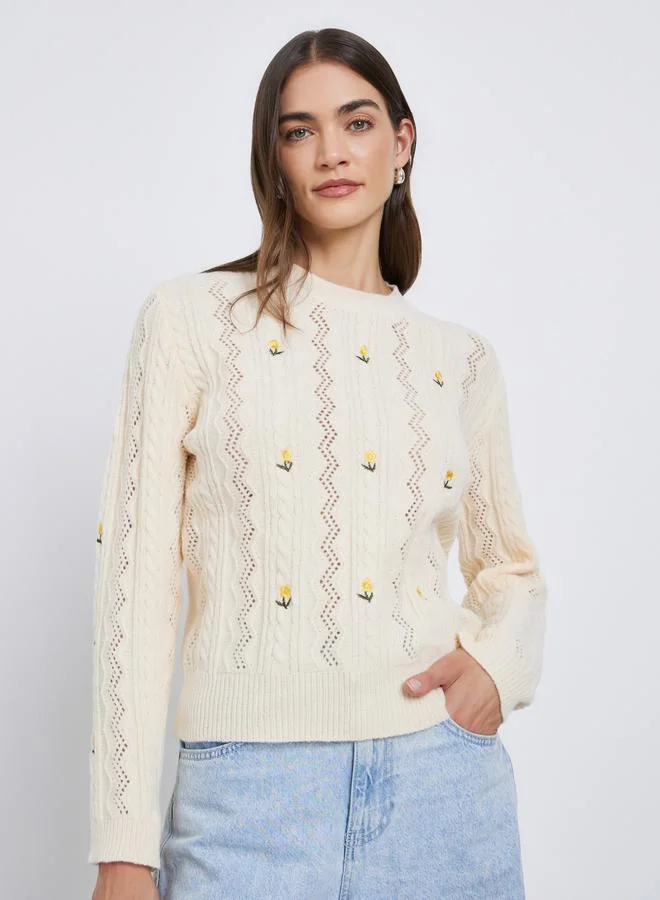 Styli Cream Floral Embroidered Cable Knit Sweater