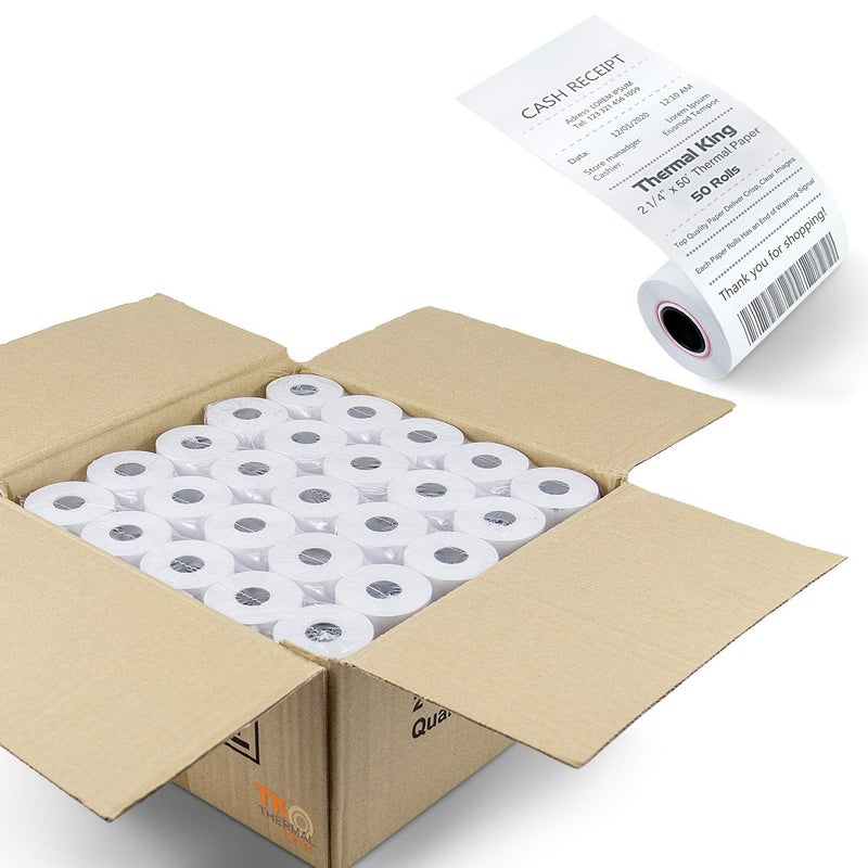 TK Thermal King, (50 Rolls) 2 1/4" 50' feet White Paper Cash Register POS Receipt, Fits All Credit Card Terminal Great For Cashier Receipt Small Business Premium Quality - Image 1