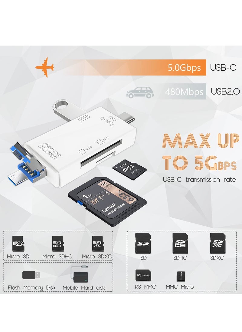 Excefore - SD Card Reader, 6-in-1 USB C/Micro/USB Memory Reader Camera Viewer, USB 3.0 SD Card Reader Adapter Used for SD-3C SD Micro SD TF SDXC SDHC MMC RS-MMC Micro SDXC Micro SDHC UHS-I (White) - Image 1