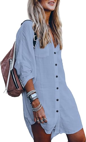 POGTMM Women's Swimsuits Cover ups Shirts Summer Beachwear Button Down Shirt Bikini Bathing Suit Beach Dress (XL, Light Blue) - Image 1