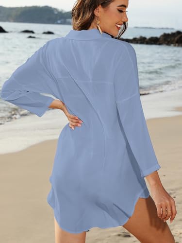 POGTMM Women's Swimsuits Cover ups Shirts Summer Beachwear Button Down Shirt Bikini Bathing Suit Beach Dress (XL, Light Blue) - Image 5