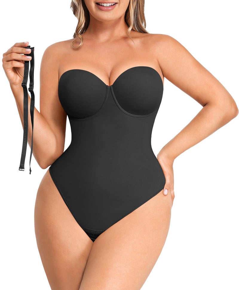 SHAPELLX Tummy Control Shapewear for Women Bodysuit Thong Fajas Colombianas Moldeadoras Low Back Body Suit Black L - Image 1