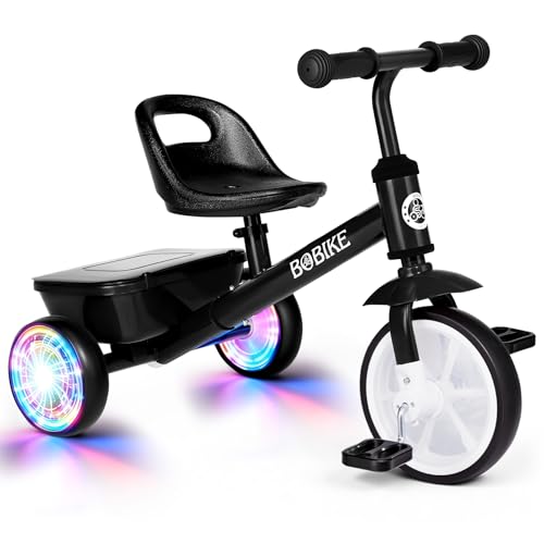 Bobike Toddler Tricycle for Ages 25 Years Tricycle with 2 LED Light Wheels Toddler Bike with 3Position Seat and Rear Basket Kids Bike Gift for Boys Girl Black - Image 1
