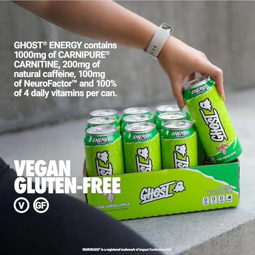 GHOST Energy Drink - 12-Pack, Warheads Sour Green Apple, 16oz - Energy & Focus & No Artificial Colors - 200mg of Natural Caffeine, L-Carnitine & Taurine - Gluten-Free & Vegan - Image 5