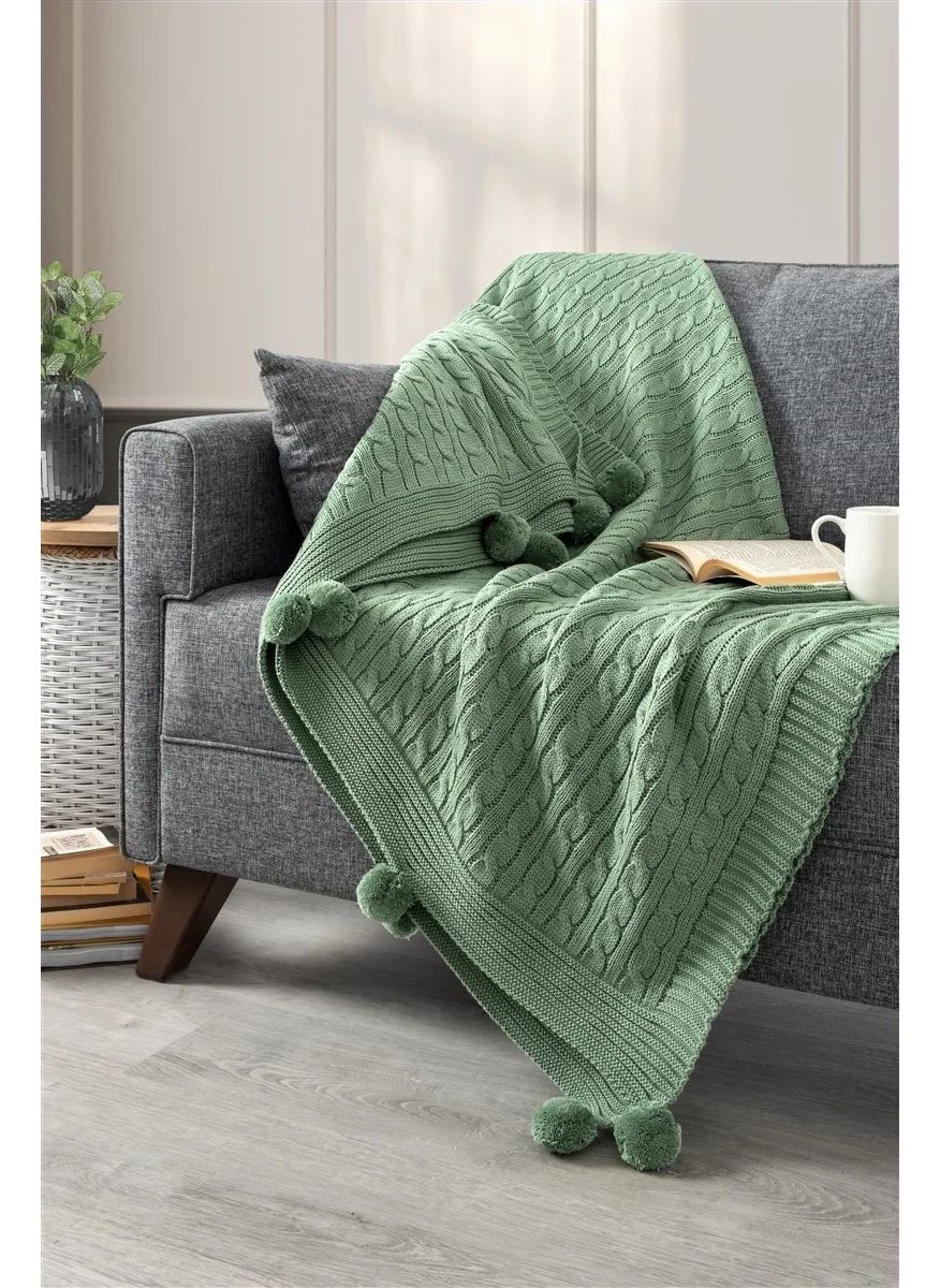 Sevim Pompom Knitted TV Blanket – Sofa & Shoulder Shawl & Knee Blanket – 130X170 cm-Mint Green
