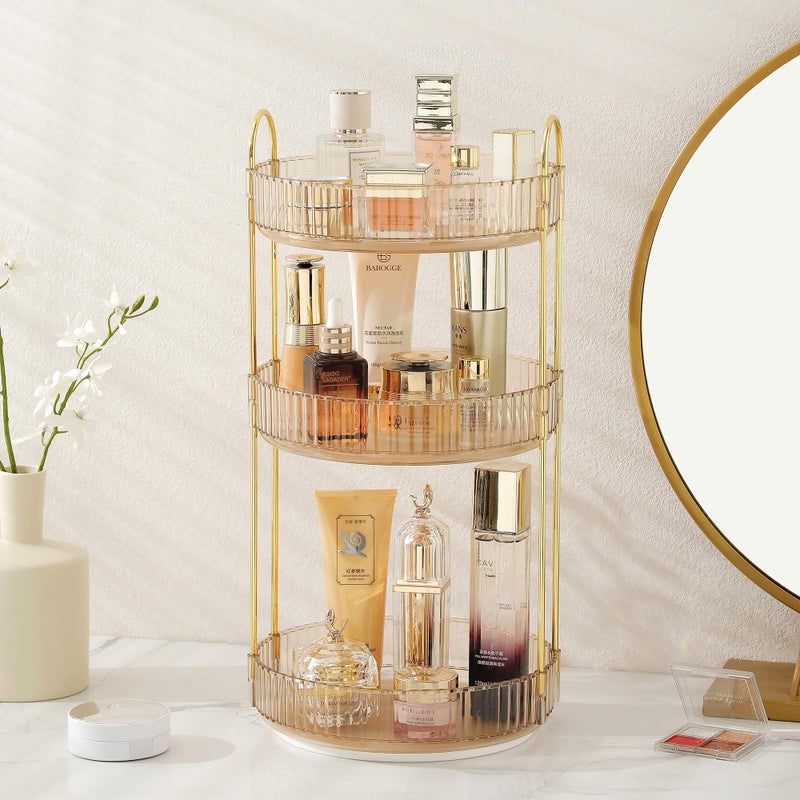 Aveniee Rotating Makeup Organizer for Vanity 3 Tier Perfume Skincare Organizers and Storage for Bathroom Countertop Clear Spinning Counter Shelf Cosmetic Holder for DresserGold
