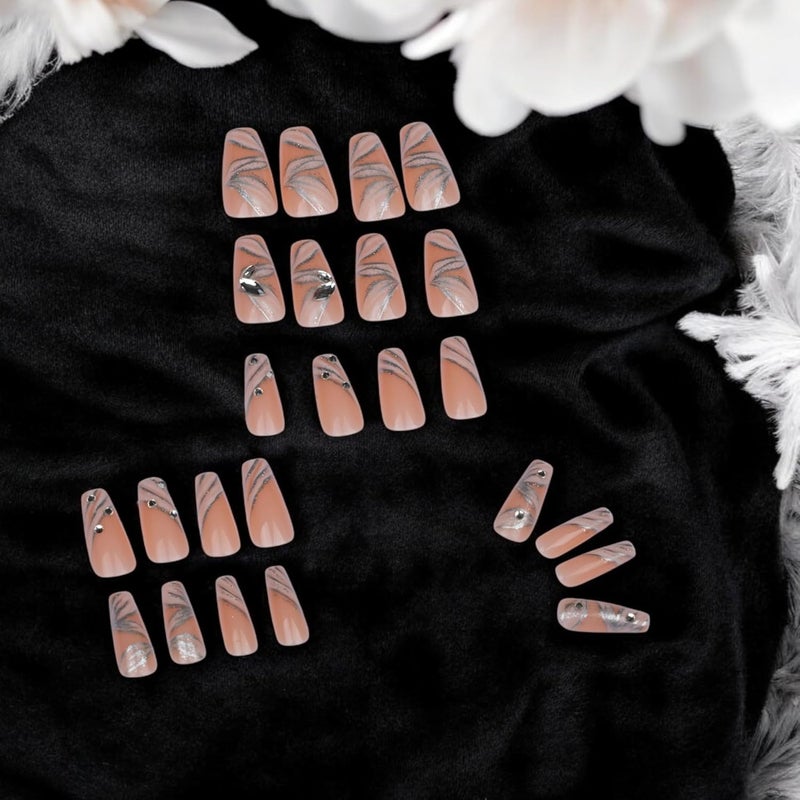 SKOFRI SKOFRI 24 Reusable Artificial Fake Nail Set Lightweight Long Lasting Easy To Use Quick Fix For Festivals Special Occasions Nails for Women Girls Pink Flower Medium - Image 1