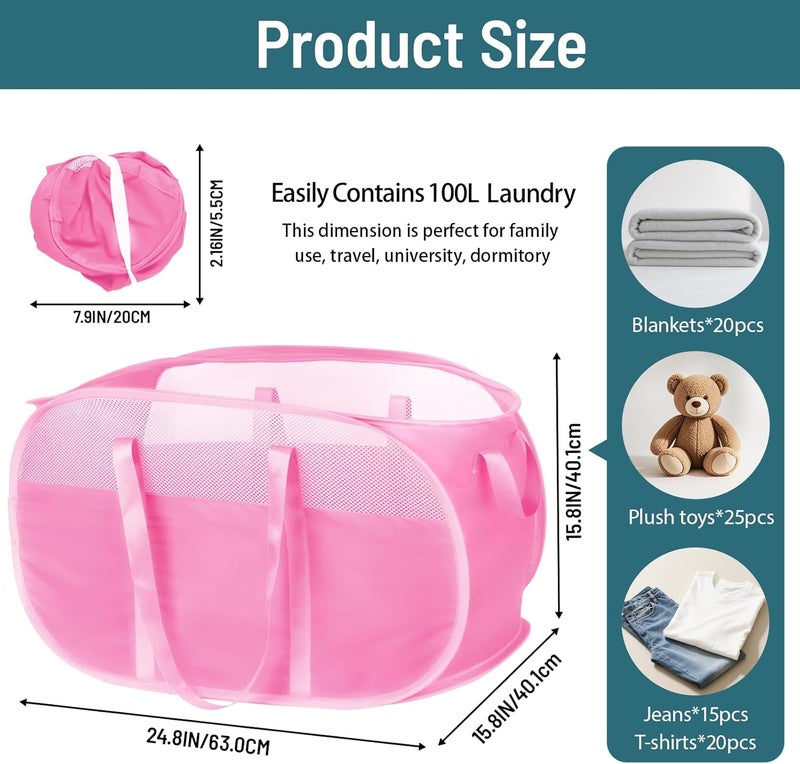 BATTOO 100L Collapsible Laundry Baskets, Tear Proof Pop Up Laundry Hamper with Dual Handles, Large Foldable Laundry Basket, Easy to Carry Laundry Hamper for Home, Laundry Room, Bedroom, Dorm, Travel Pink - Image 3