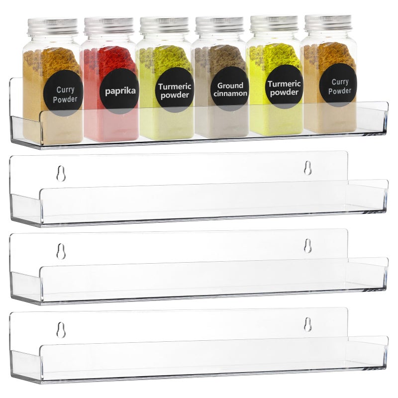 Genaric Peohud 4 Pack Wall Mounted Spice Rack, Acrylic Spice Shelf Organizer, Hanging Seasoning Jar Storage Holder, Clear Display Rack for Perfume, Nail Polish, Condiment, Kitchen Cabinets or Pantry