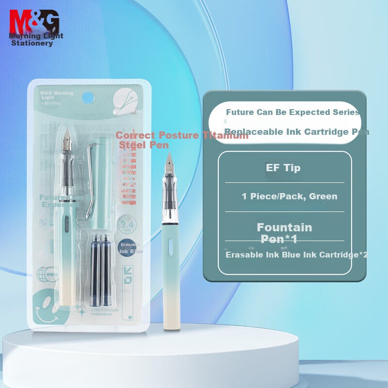 M&G Stationery Future Prospects EF Fountain Pen Set (Fountain Pen *1 + 3.4mm Diameter Blue Ink Cartridges *2), Student Writing Fountain Pen, Ink Pen HAFP1766 Green Barrel, Essential for Winter Break - Image 1