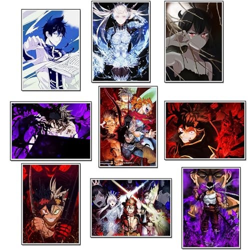 Thepaper9store Paper9store Pack of 9 - Anime Posters self-Adhesive Anime Wall Poster for Room, Size A4 Self-Adhesive 300 GSM Thick matt Poster (Black Clover) - Image 1
