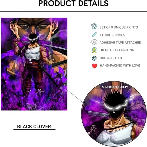 Thepaper9store Paper9store Pack of 9 - Anime Posters self-Adhesive Anime Wall Poster for Room, Size A4 Self-Adhesive 300 GSM Thick matt Poster (Black Clover) - Image 4