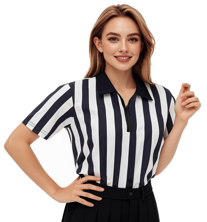 ChinFun Official Referee Costume Shirt Women's Ref Shirt Zipper Collared Black and White Stripe Umpire Jersey Shirt for Basketball Football Soccer Rugby Sports Halloween Size L - Image 1