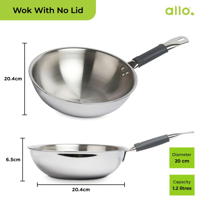 Allo Triply Stainless Steel Wok for Deep Fry/Stir Fry/Dry Veg/Sauté/Chinese Wok Cooking/Noodles Induction Friendly Naturally Non-Stick | 10 Years Warranty, 18Cm, 1.2 Litre - Image 2