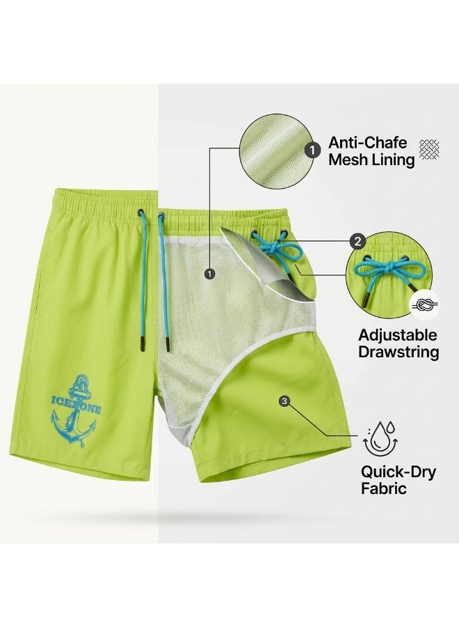 IceZone Men's Quick-Dry Swim Trunks with Anchor Graphic, Lime Green Mesh-Lined Board Shorts with Pockets - Image 3