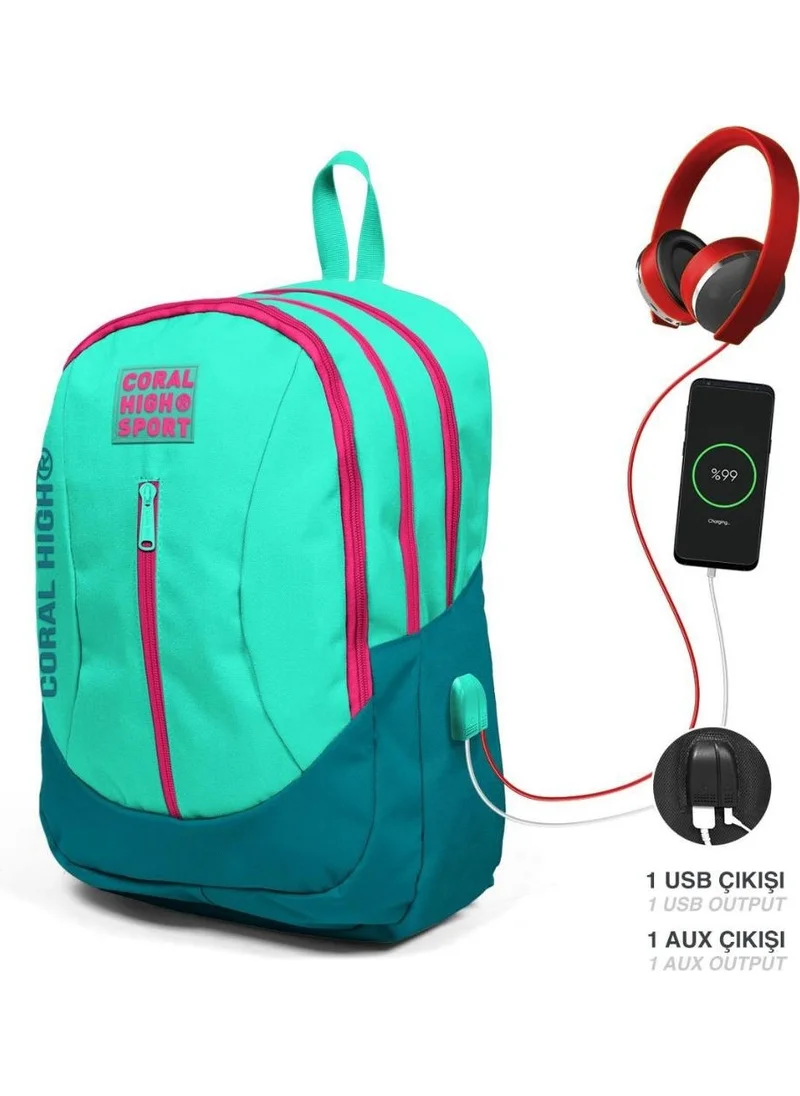 CORAL HIGH Sport Water Green Civit Four Compartment USB Charging Headphone Output Backpack 23229
