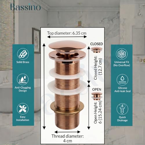 BASSINO Premium 5 Inch Brass Waste Coupling/Washbasin Drainer/Rust-Proof Pop-Up for Basin/Drain Stopper for Tabletop, Wall-Mount & Pedestal Wash Basins(Glossy-Rosegold) - Image 2