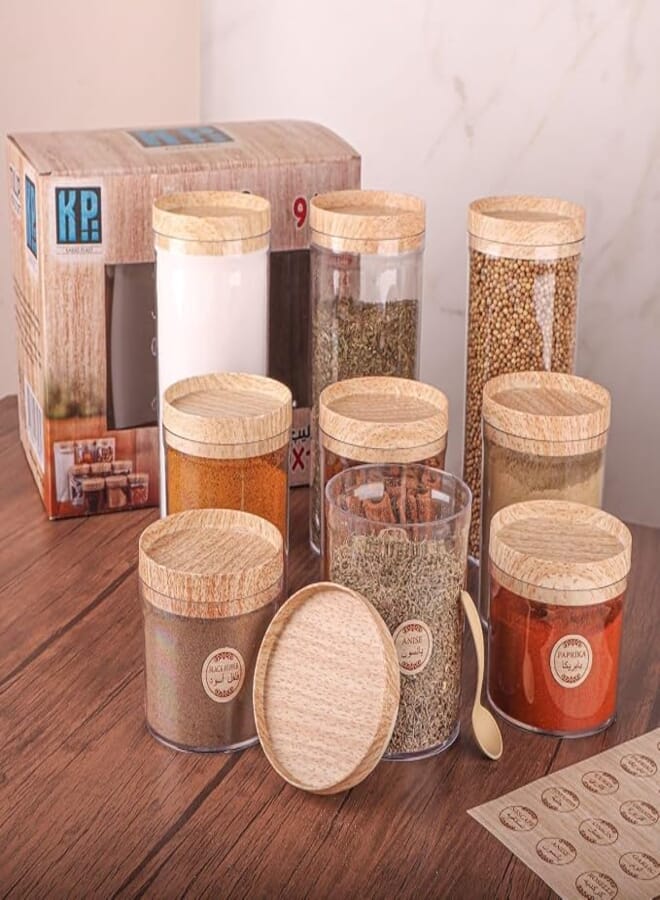 9 Pieces Clear Acrylic Canister Set for Storing Legumes, Spices, Spices, Herbs, Tea, Coffee and More with Wooden Lids and Spice Label Sticker Gift