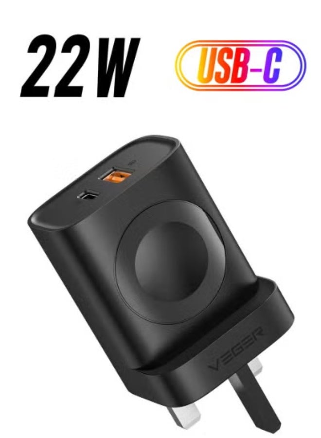 VEGER PD20W Fast Charging USB-C Charger Power Adapter – Dual Port Wall Charger with 2.5W Wireless Smartwatch Charging, 20V/1A Emergency Laptop Charging, Compact Travel-Friendly Design - Image 1