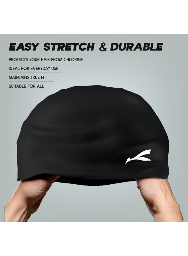 كونيكس قبعة سباحة سيليكون مقاومة للماء للرجال والنساء | قابلة للتمدد وسريعة الجفاف | تمنع شد الشعر والأضرار الكيميائية | مثالية للأطفال والبالغين (أسود) - Image 3