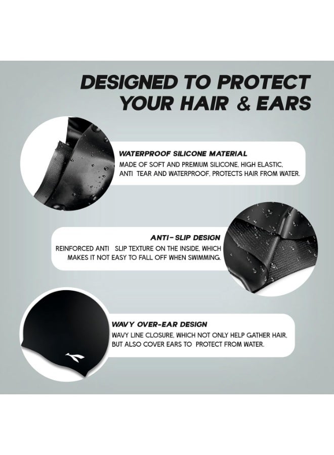 كونيكس قبعة سباحة سيليكون مقاومة للماء للرجال والنساء | قابلة للتمدد وسريعة الجفاف | تمنع شد الشعر والأضرار الكيميائية | مثالية للأطفال والبالغين (أسود) - Image 4