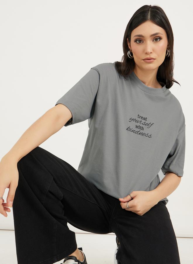 Styli Oversized Slogan Embroidered Short Sleeve T-Shirtâ€‹  - Image 1