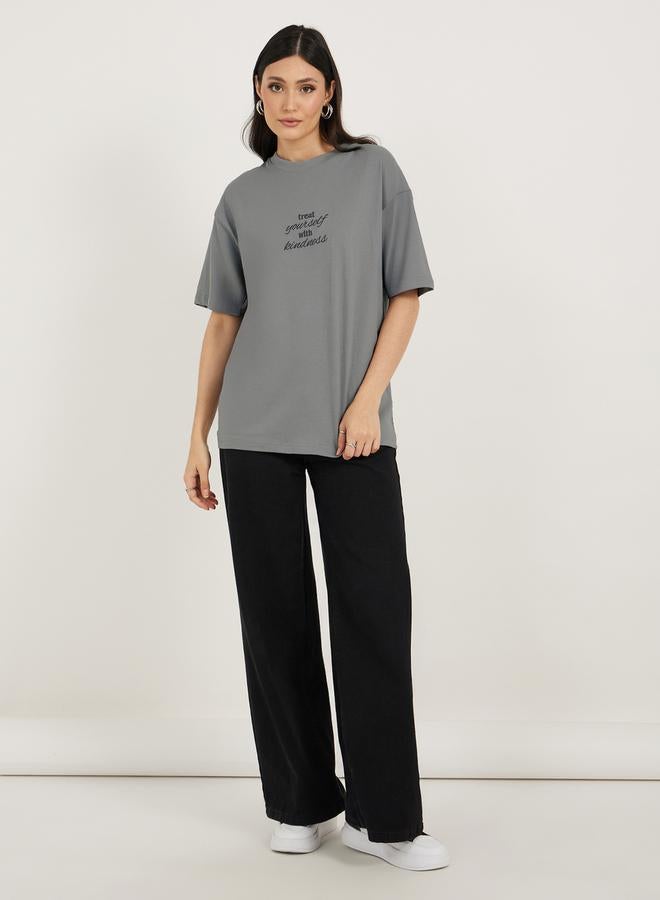 Styli Oversized Slogan Embroidered Short Sleeve T-Shirtâ€‹  - Image 2