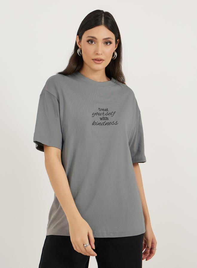 Styli Oversized Slogan Embroidered Short Sleeve T-Shirtâ€‹  - Image 3