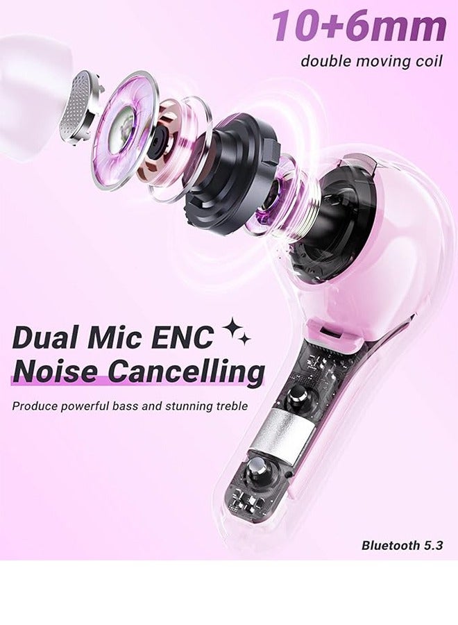 Wireless Earphones Bluetooth 5.3 Headphones LED Power Display Mini Crystal in-Ear Earbuds with Wireless Charging Case Touch Control Built-in Mic Headphone for Sports Waterproof Earphone（Pink） - Image 2