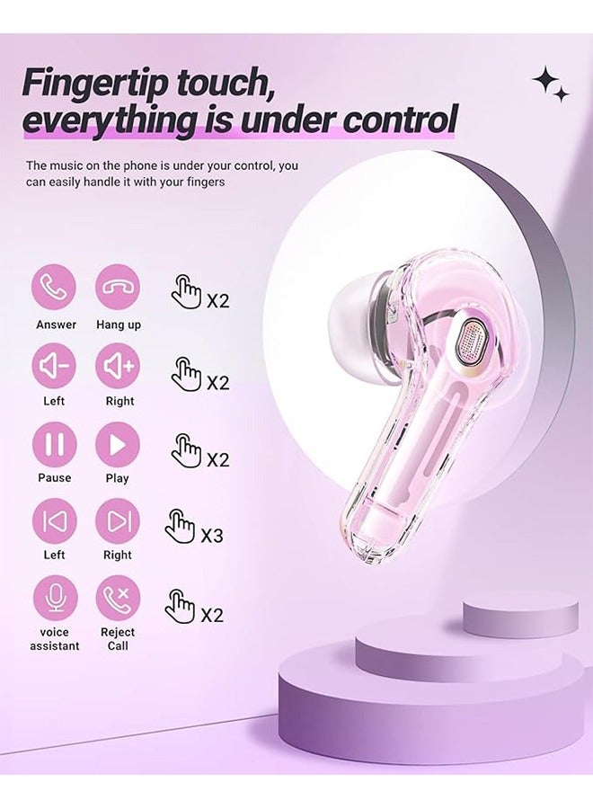 Wireless Earphones Bluetooth 5.3 Headphones LED Power Display Mini Crystal in-Ear Earbuds with Wireless Charging Case Touch Control Built-in Mic Headphone for Sports Waterproof Earphone（Pink） - Image 4