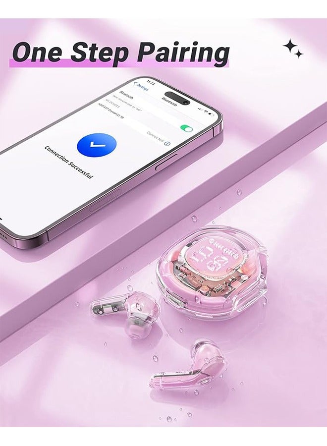 Wireless Earphones Bluetooth 5.3 Headphones LED Power Display Mini Crystal in-Ear Earbuds with Wireless Charging Case Touch Control Built-in Mic Headphone for Sports Waterproof Earphone（Pink） - Image 5