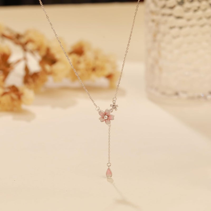 Sterling Silver Necklace: 14K Gold Plated Cherry Blossom Pendant - Pink Floral Design Women Necklace for Daughters, Moms & Birthday Gift Givers - Image 2