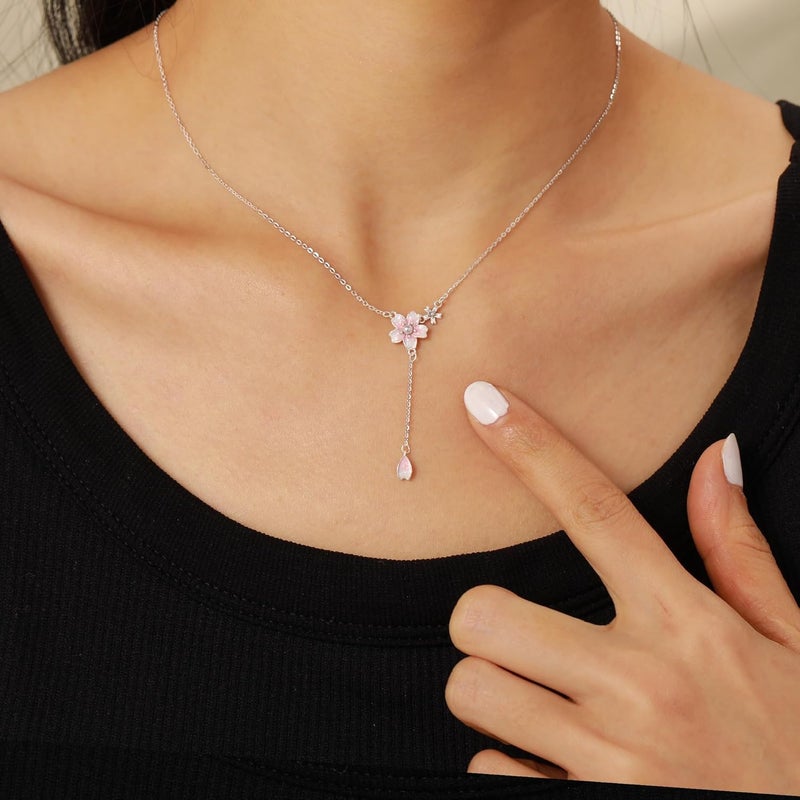 Sterling Silver Necklace: 14K Gold Plated Cherry Blossom Pendant - Pink Floral Design Women Necklace for Daughters, Moms & Birthday Gift Givers - Image 5