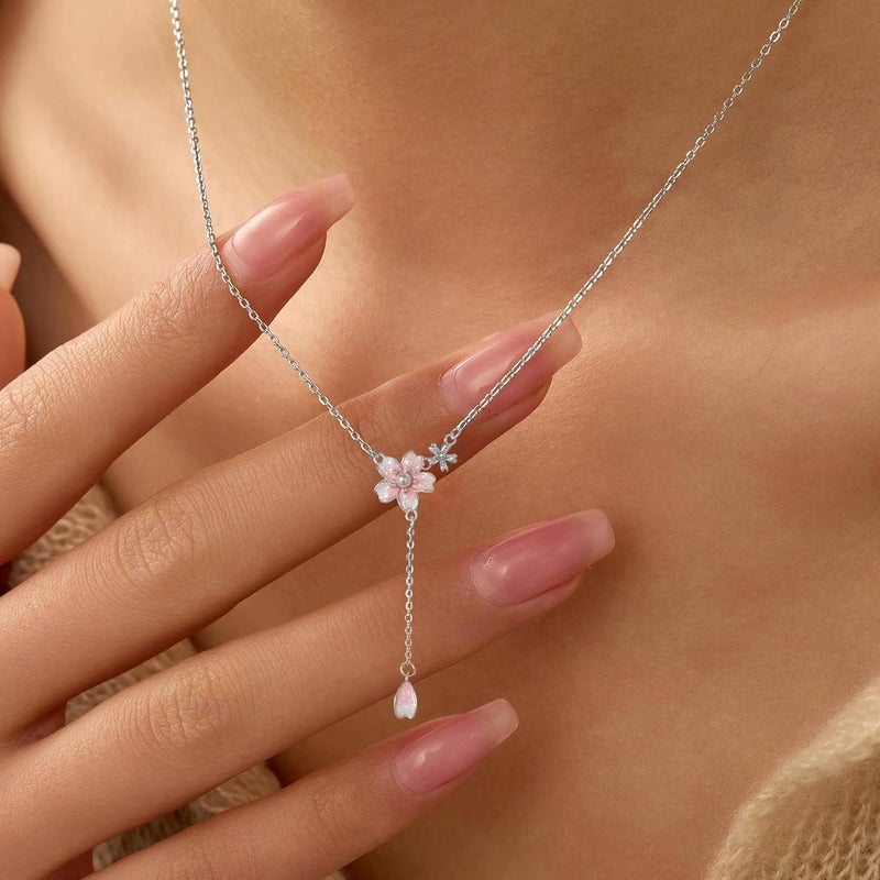 Sterling Silver Necklace: 14K Gold Plated Cherry Blossom Pendant - Pink Floral Design Women Necklace for Daughters, Moms & Birthday Gift Givers - Image 4