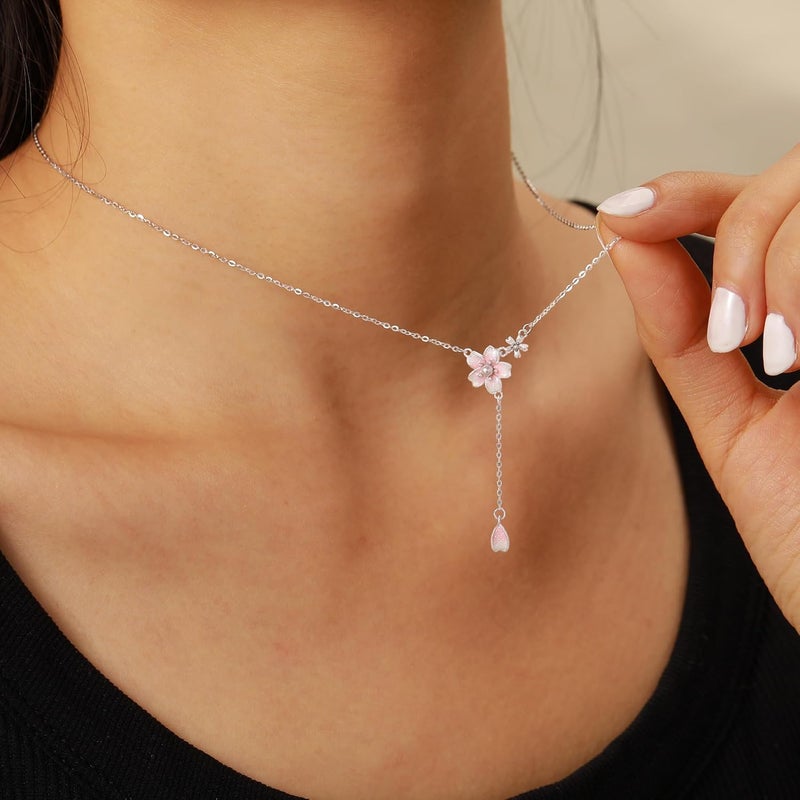 Sterling Silver Necklace: 14K Gold Plated Cherry Blossom Pendant - Pink Floral Design Women Necklace for Daughters, Moms & Birthday Gift Givers - Image 3