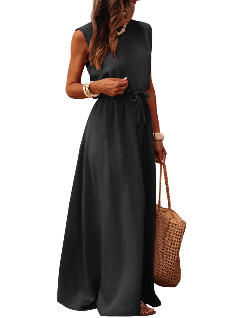 Caracilia Women's 2 Piece Maxi Skirt Sets 2026 Summer Casual Cropped Tank Top High Waisted Long Skirts Beach Vacation Clothes Black Medium - Image 1