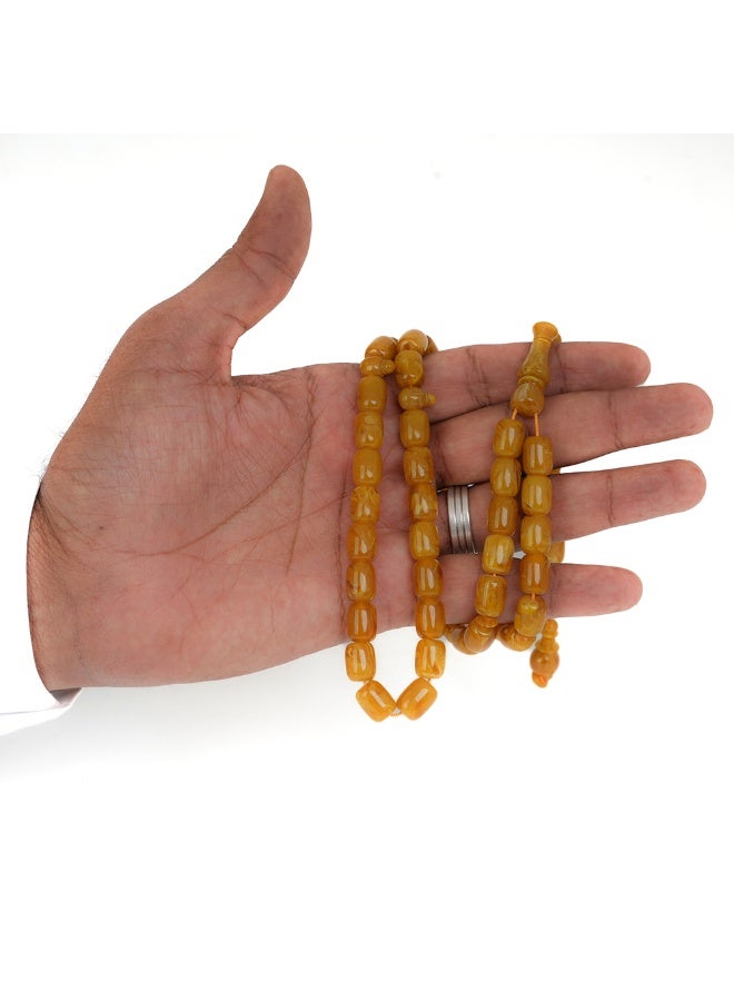 R.S Polish Amber Dust Misbaha – Barrel Shape, 51 Turmeric Marbled Beads - Image 5