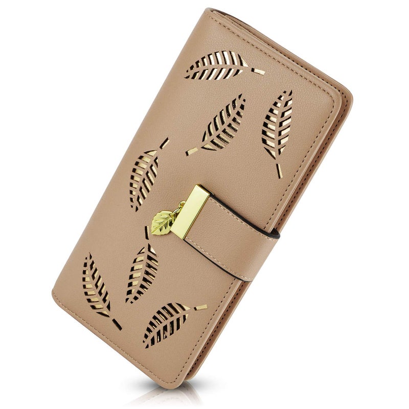 PGXT Women's Wallet Women Credit Card Holder Hollow Leaf Pattern Bifold Leather Lady Long Wallet Purse Zip Birthday Xmas Gifts for Women Girls(Khaki) - Image 1