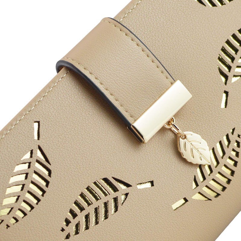 PGXT Women's Wallet Women Credit Card Holder Hollow Leaf Pattern Bifold Leather Lady Long Wallet Purse Zip Birthday Xmas Gifts for Women Girls(Khaki) - Image 3