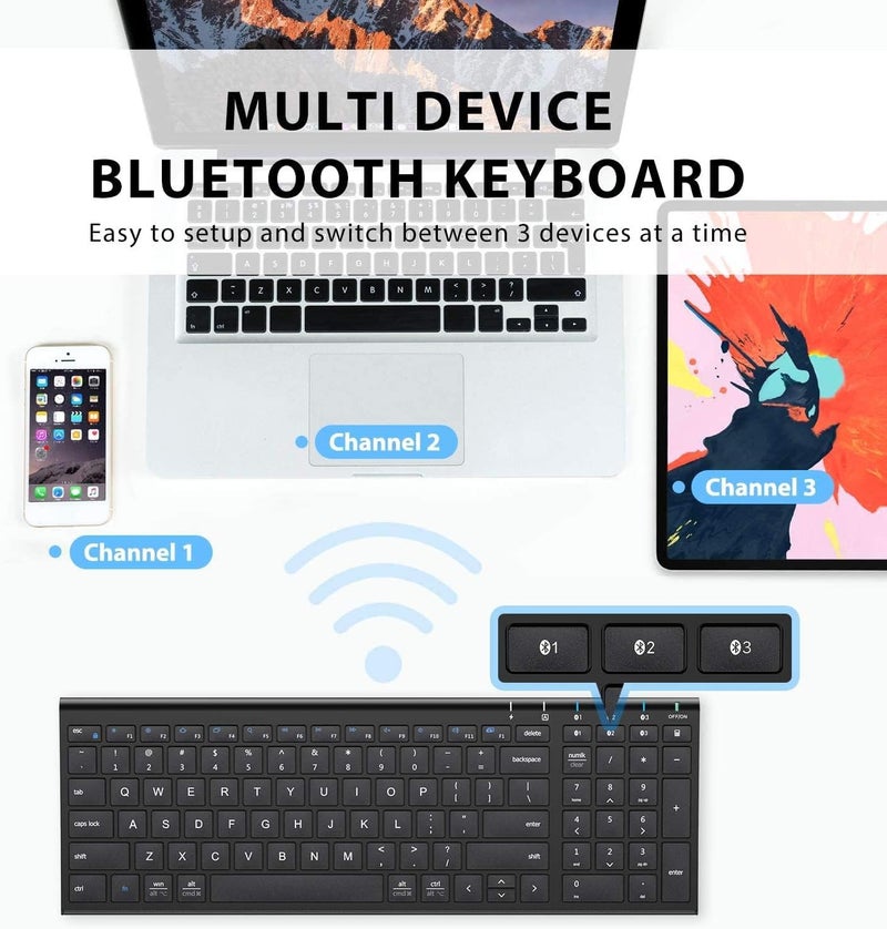 iClever Bluetooth Keyboard BK10- Universal Wireless & Rechargeable Ultra-Slim with Number Pad, Ergonomic Design, Compact Size, Stable Connection for Windows, iOS, Android - Black - Image 2