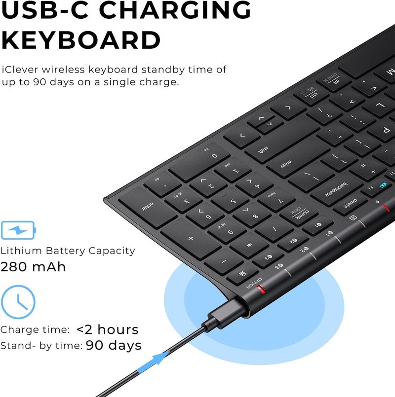 iClever Bluetooth Keyboard BK10- Universal Wireless & Rechargeable Ultra-Slim with Number Pad, Ergonomic Design, Compact Size, Stable Connection for Windows, iOS, Android - Black - Image 4
