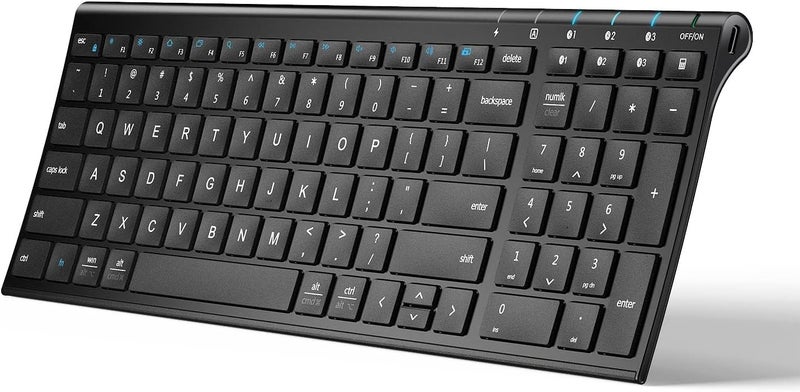 iClever Bluetooth Keyboard BK10- Universal Wireless & Rechargeable Ultra-Slim with Number Pad, Ergonomic Design, Compact Size, Stable Connection for Windows, iOS, Android - Black - Image 1